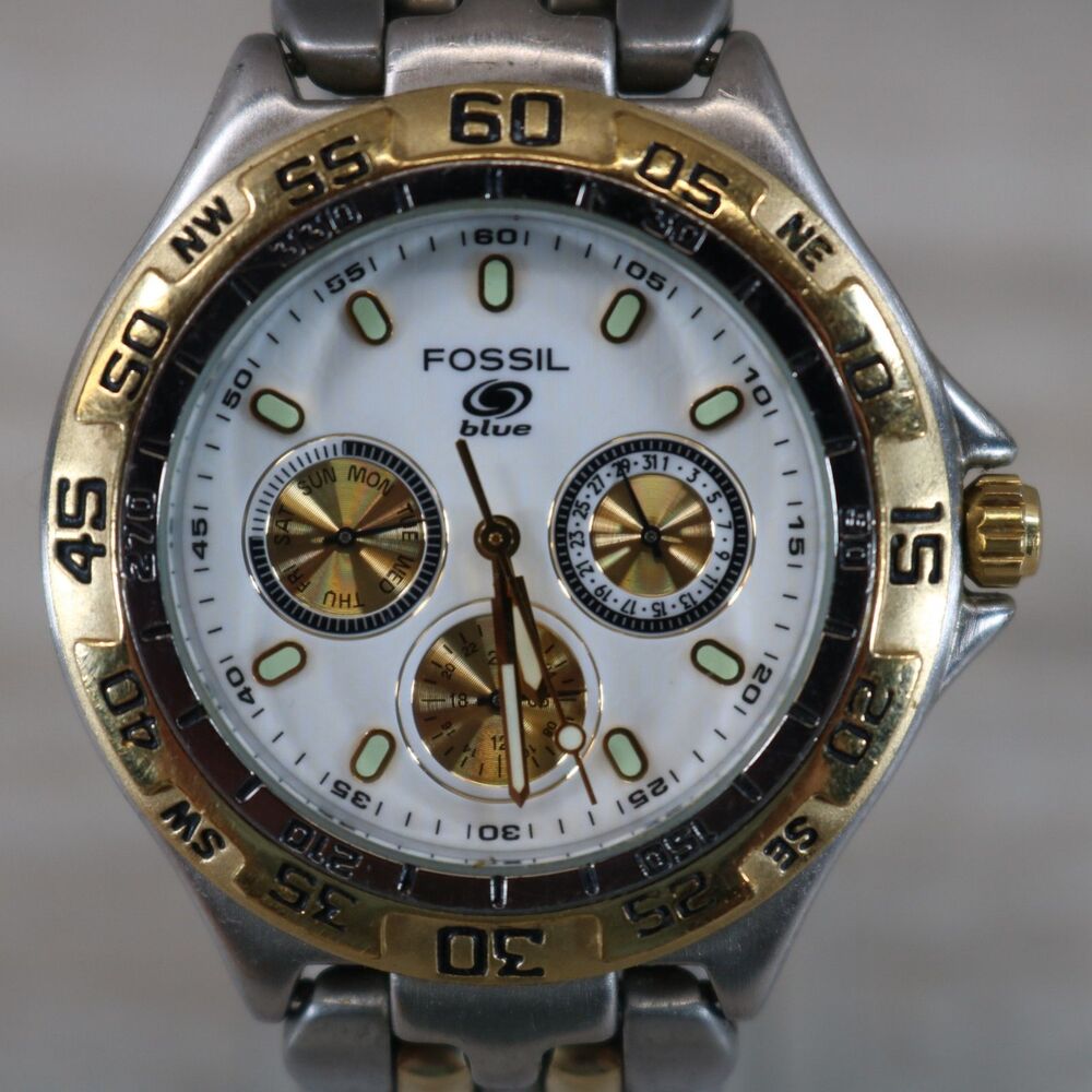 Fossil Blue Chronograph Watch – Pre-Owned, New Battery, Round, Two-Tone